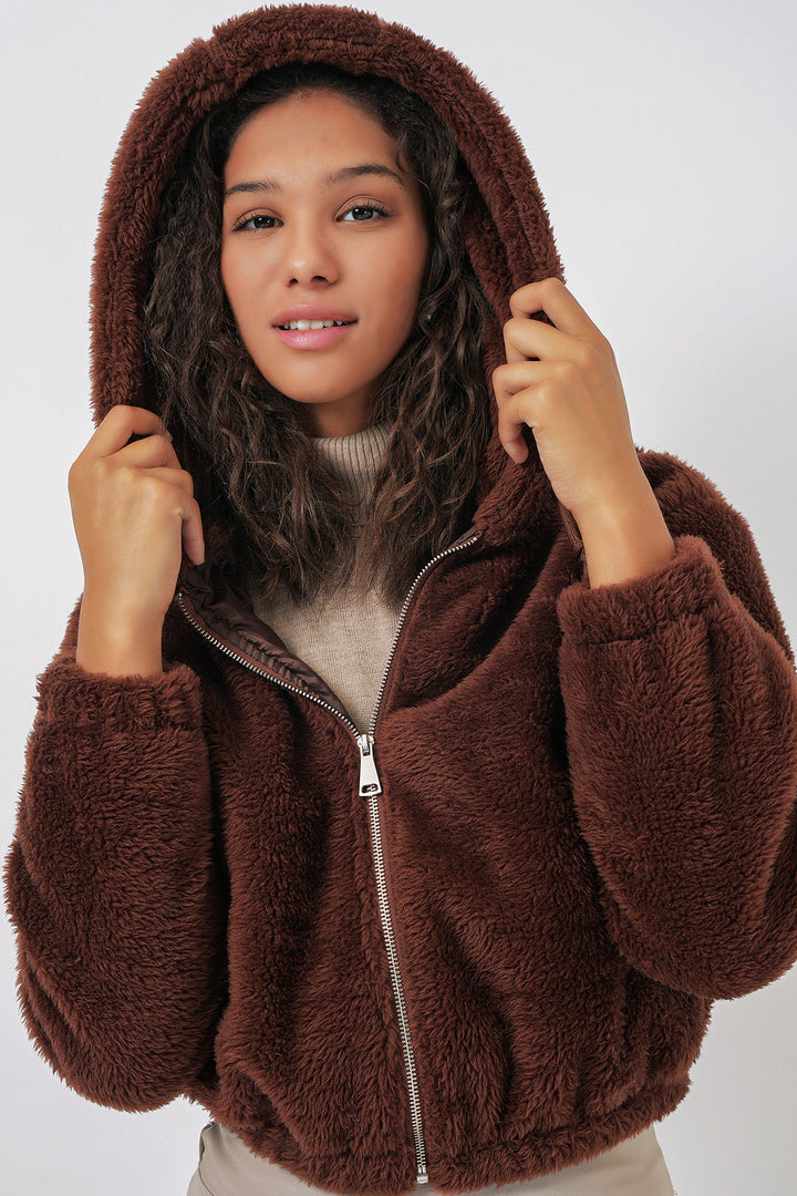BGD Women Hooded Plush Crop Jacket - Brown - Dover