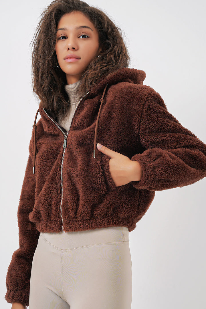 BGD Women Hooded Plush Crop Jacket - Brown - Dover