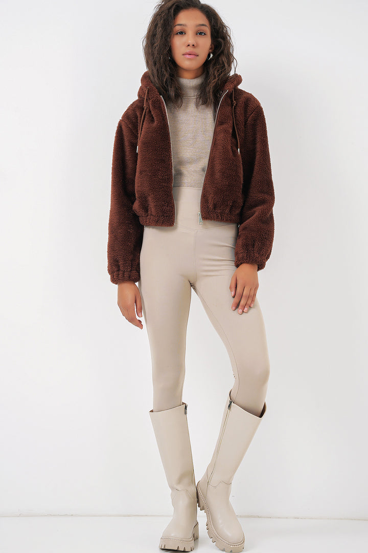 BGD Women Hooded Plush Crop Jacket - Brown - Dover