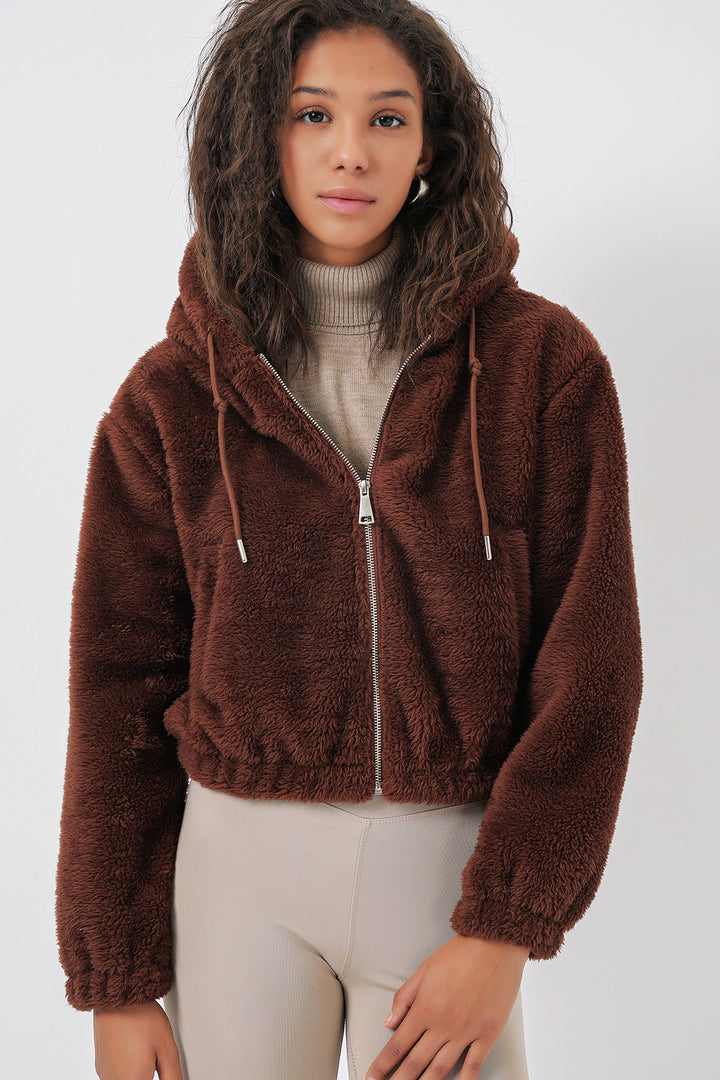 BGD Women Hooded Plush Crop Jacket - Brown - Dover
