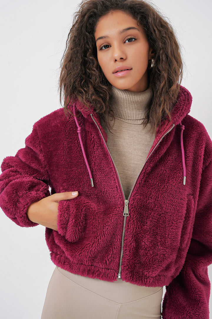 BGD Women Hooded Plush Crop Jacket - Purple - Voerde