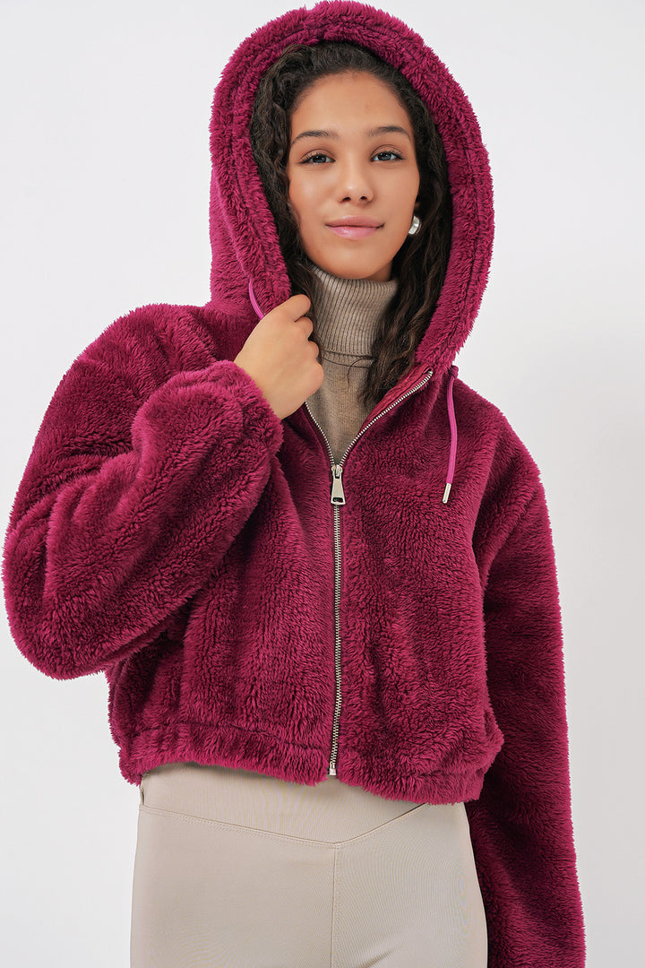 BGD Women Hooded Plush Crop Jacket - Purple - Voerde
