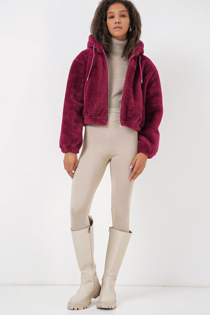 BGD Women Hooded Plush Crop Jacket - Purple - Voerde