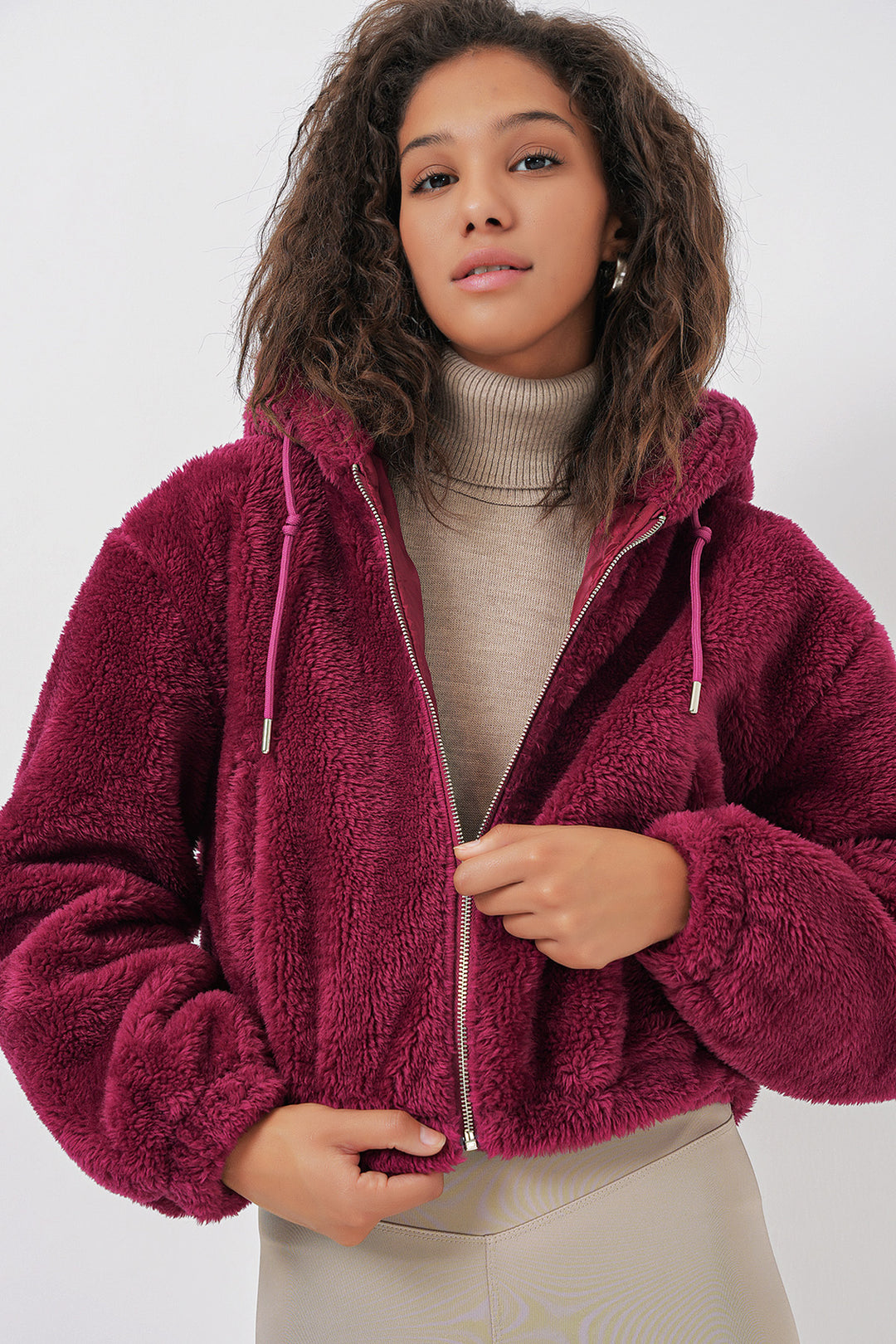 BGD Women Hooded Plush Crop Jacket - Purple - Voerde