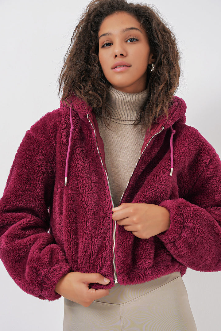 BGD Women Hooded Plush Crop Jacket - Purple - Voerde