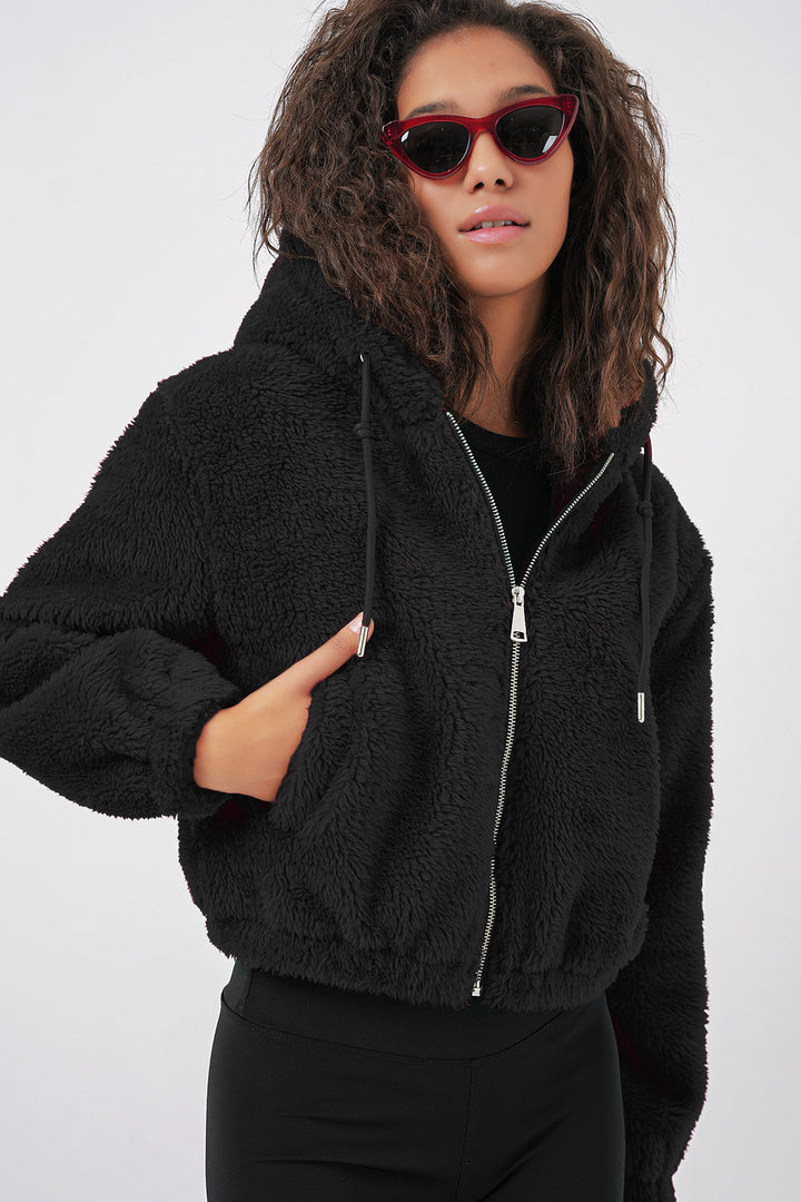 BGD Women Hooded Plush Crop Jacket - Black - Pau