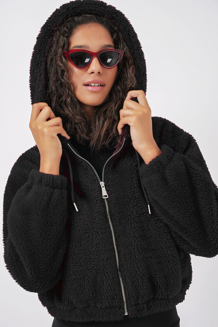 BGD Women Hooded Plush Crop Jacket - Black - Pau