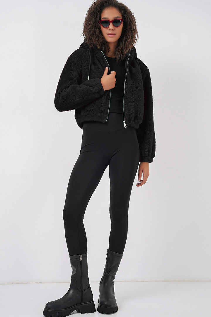 BGD Women Hooded Plush Crop Jacket - Black - Pau