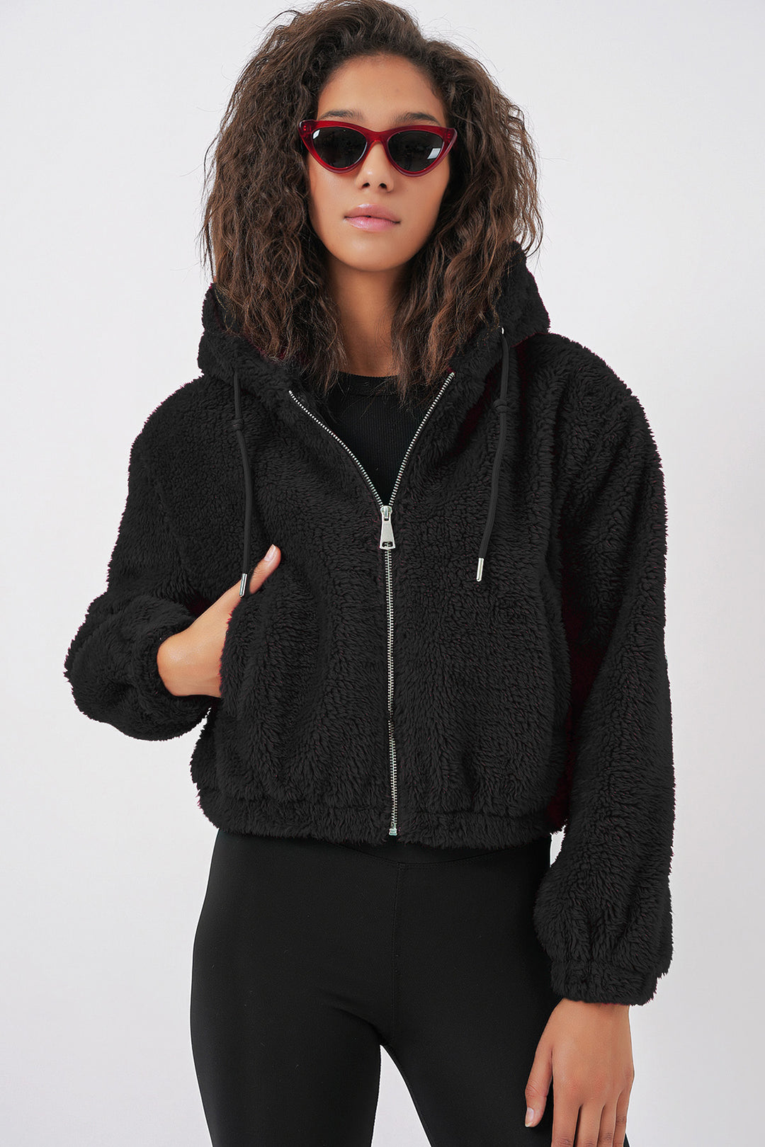 BGD Women Hooded Plush Crop Jacket - Black - Pau