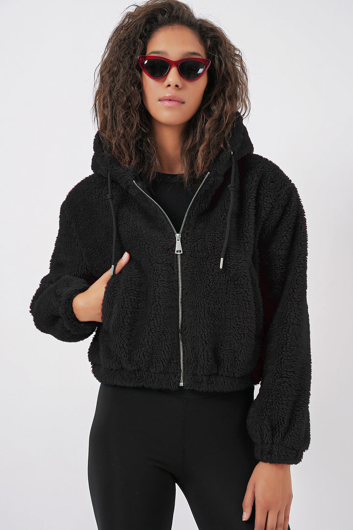 BGD Women Hooded Plush Crop Jacket - Black - Pau