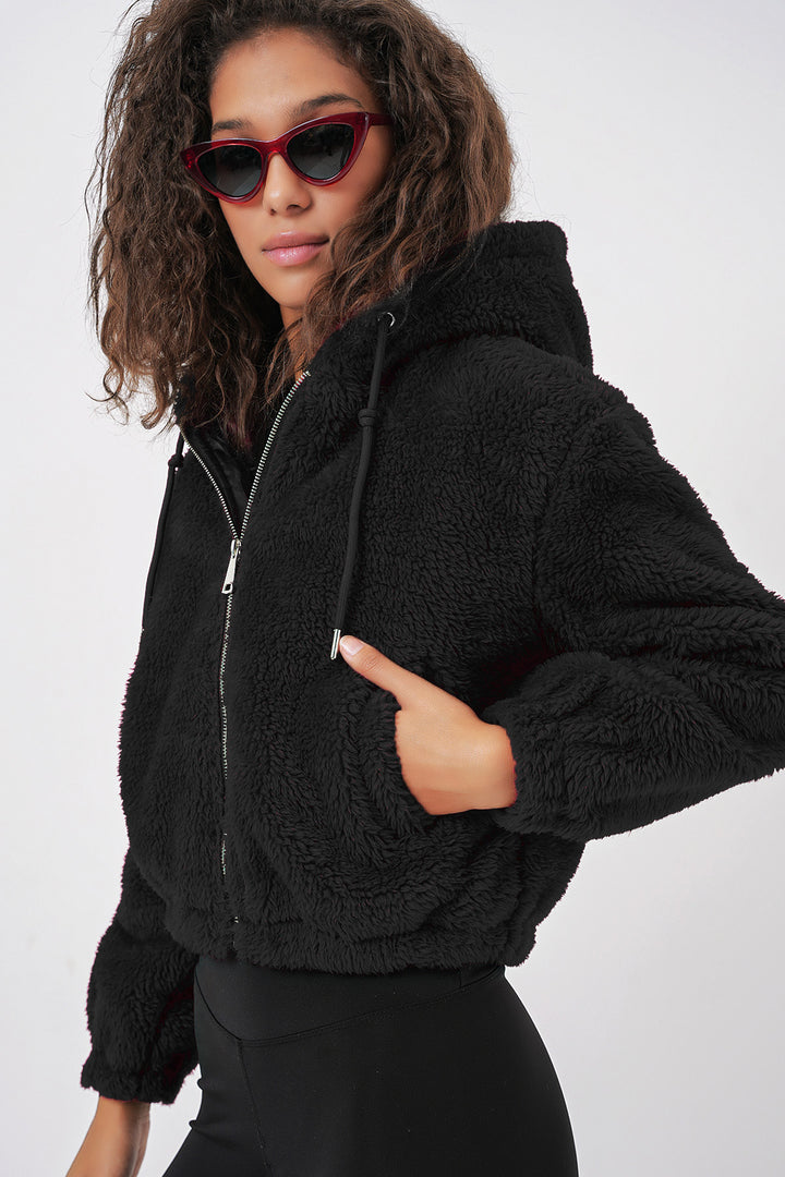 BGD Women Hooded Plush Crop Jacket - Black - Pau