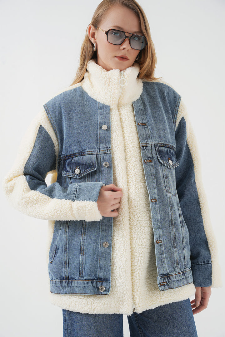 BGD Women Long Plush Denim Jacket - Navy - Collierville
