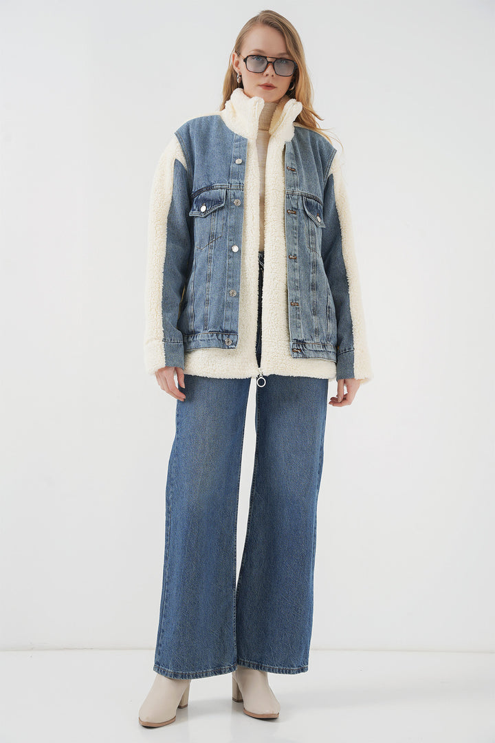 BGD Women Long Plush Denim Jacket - Navy - Collierville