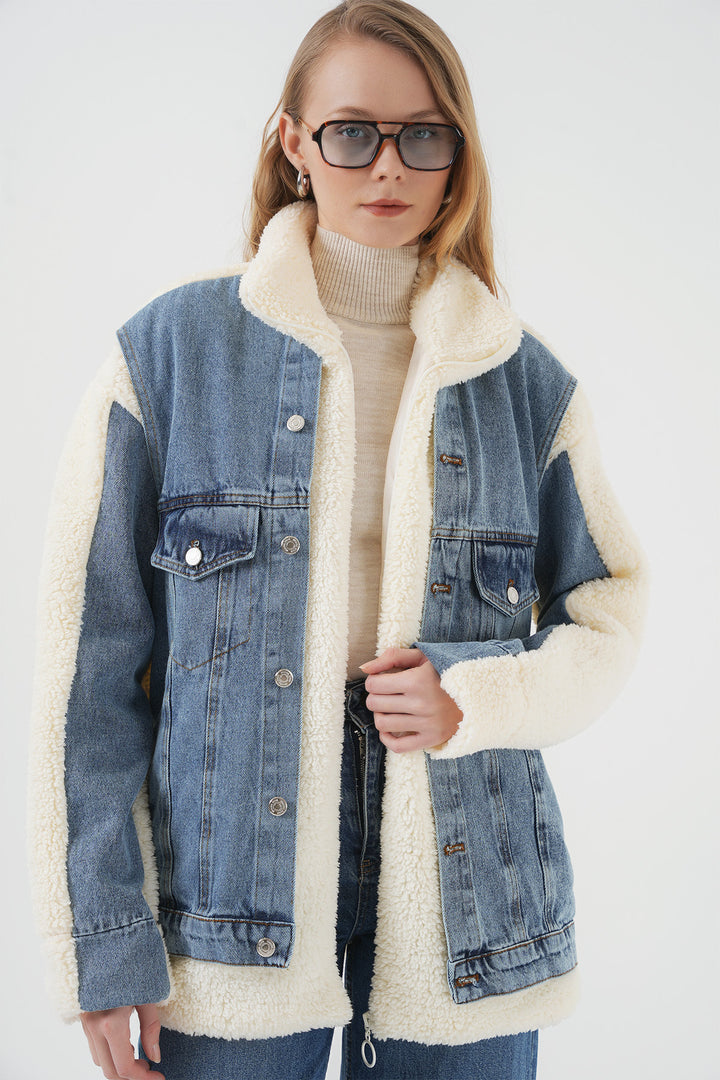 BGD Women Long Plush Denim Jacket - Navy - Collierville