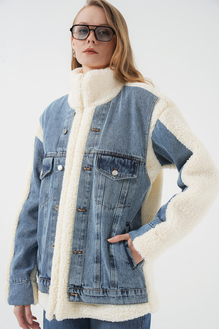 BGD Women Long Plush Denim Jacket - Navy - Collierville