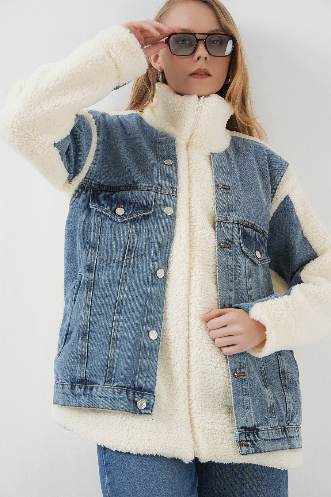 BGD Women Long Plush Denim Jacket - Navy - Collierville
