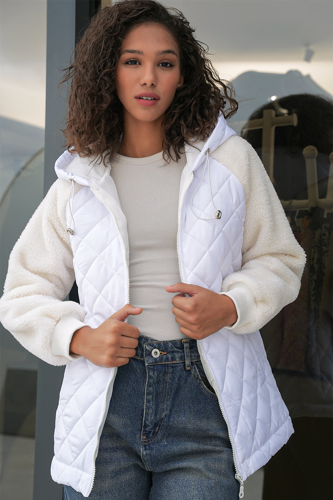 BGD Women Plush Quilted Jacket with Sleeves - White - Lünen