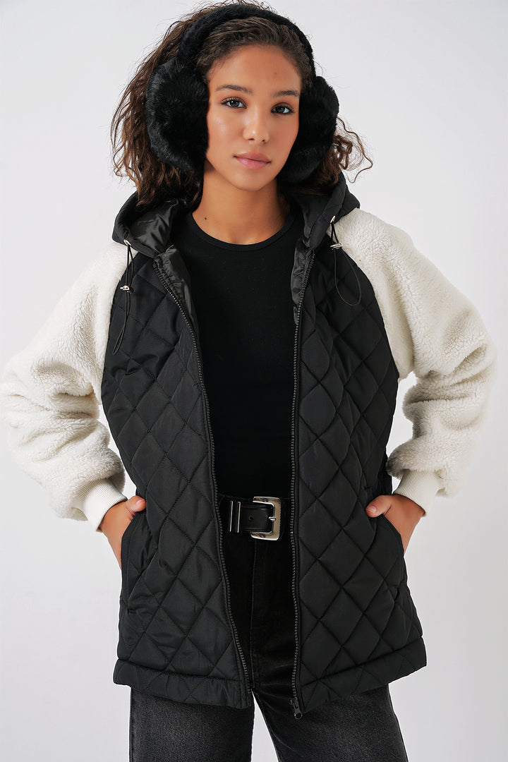 BGD Women Plush Quilted Jacket with Sleeves - Black - Mechanicsville