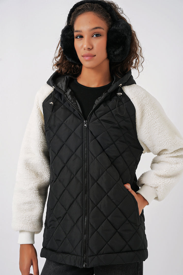 BGD Women Plush Quilted Jacket with Sleeves - Black - Mechanicsville
