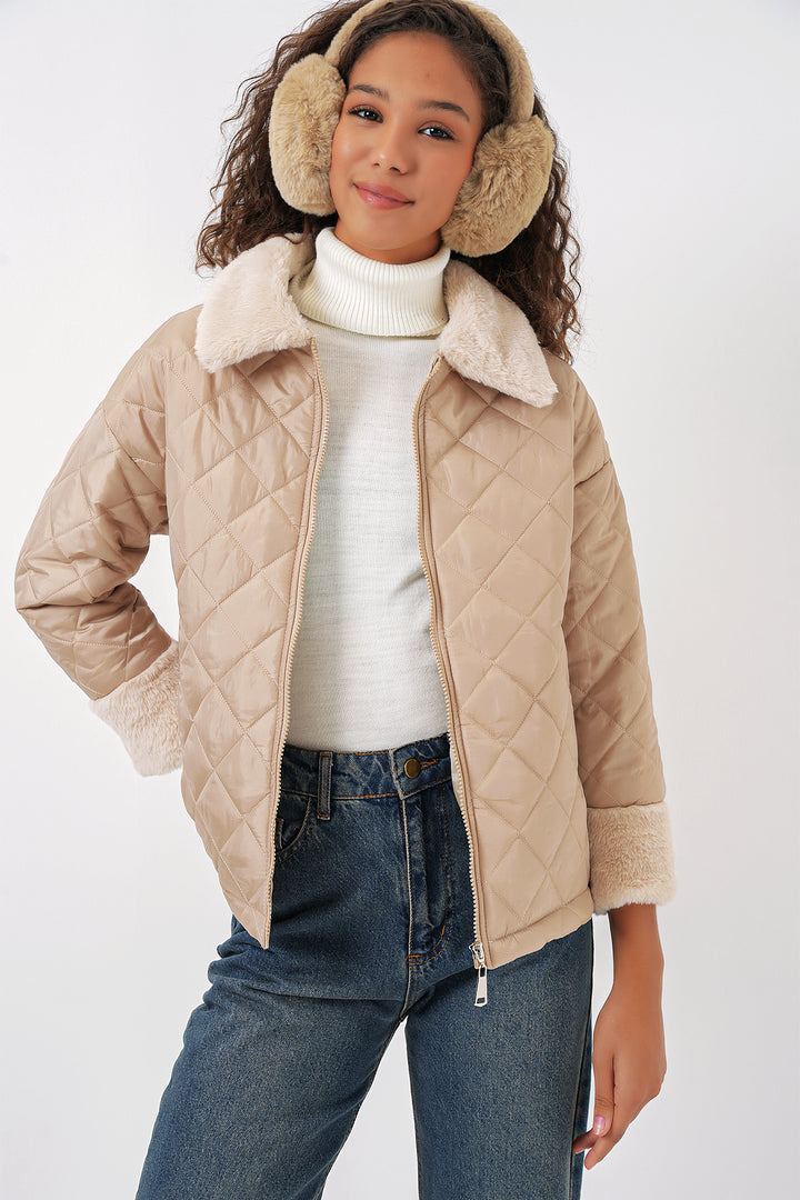 BGD Women Plush Detailed Quilted Jacket - Beige - Halton Hills