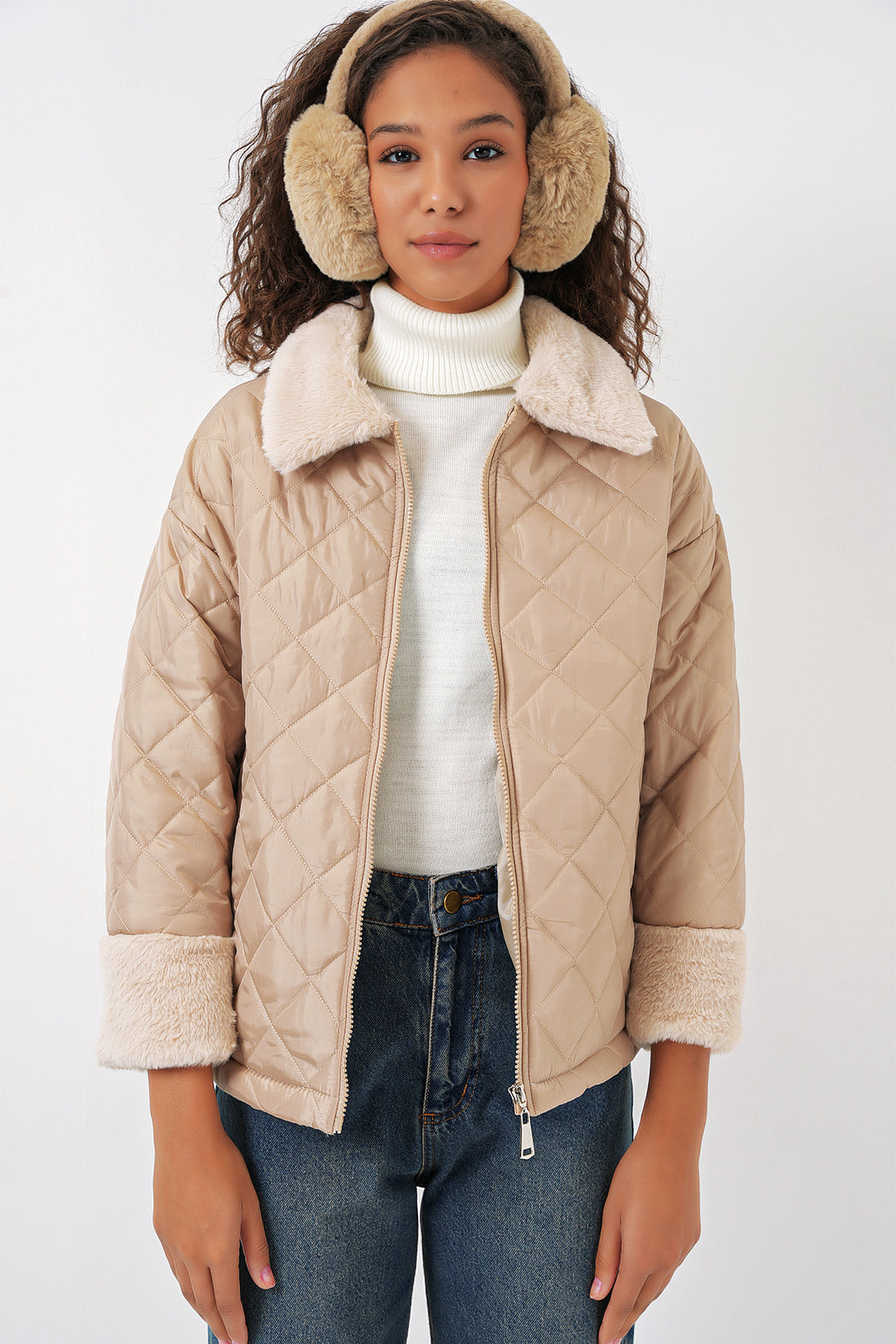 BGD Women Plush Detailed Quilted Jacket - Beige - Halton Hills