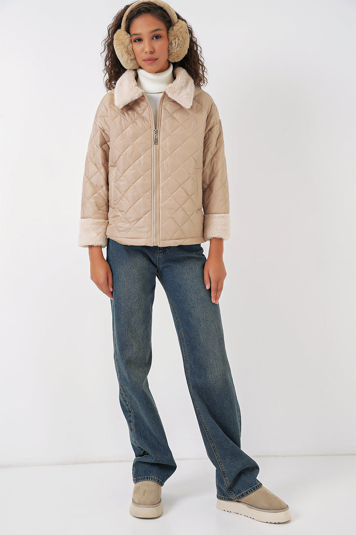 BGD Women Plush Detailed Quilted Jacket - Beige - Halton Hills