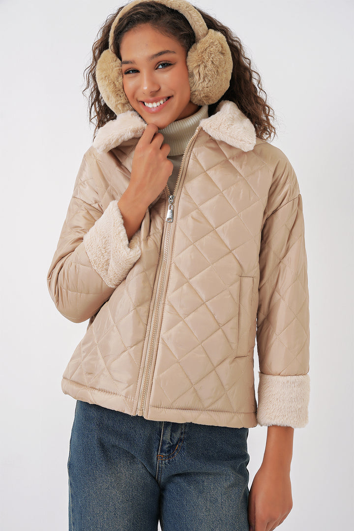BGD Women Plush Detailed Quilted Jacket - Beige - Halton Hills