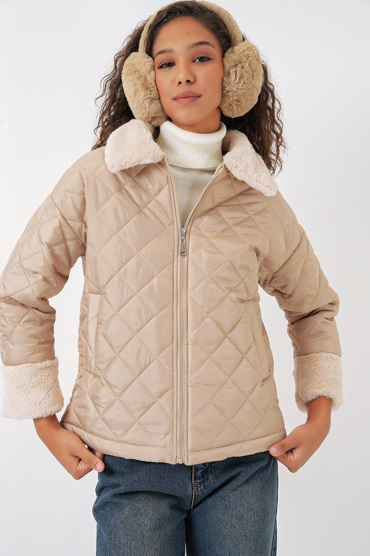 BGD Women Plush Detailed Quilted Jacket - Beige - Halton Hills
