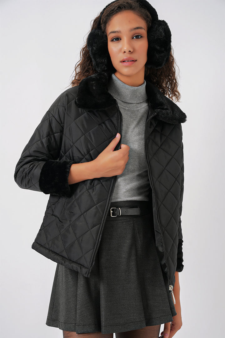 BGD Women Plush Detailed Quilted Jacket - Black - Acámbaro