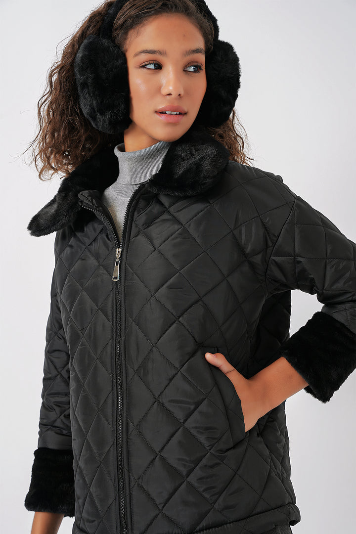 BGD Women Plush Detailed Quilted Jacket - Black - Acámbaro