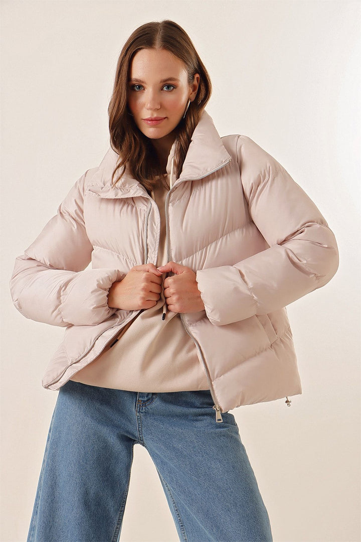 BGD Women High Neck Zippered Puffer Jacket - Beige - Nizhyn