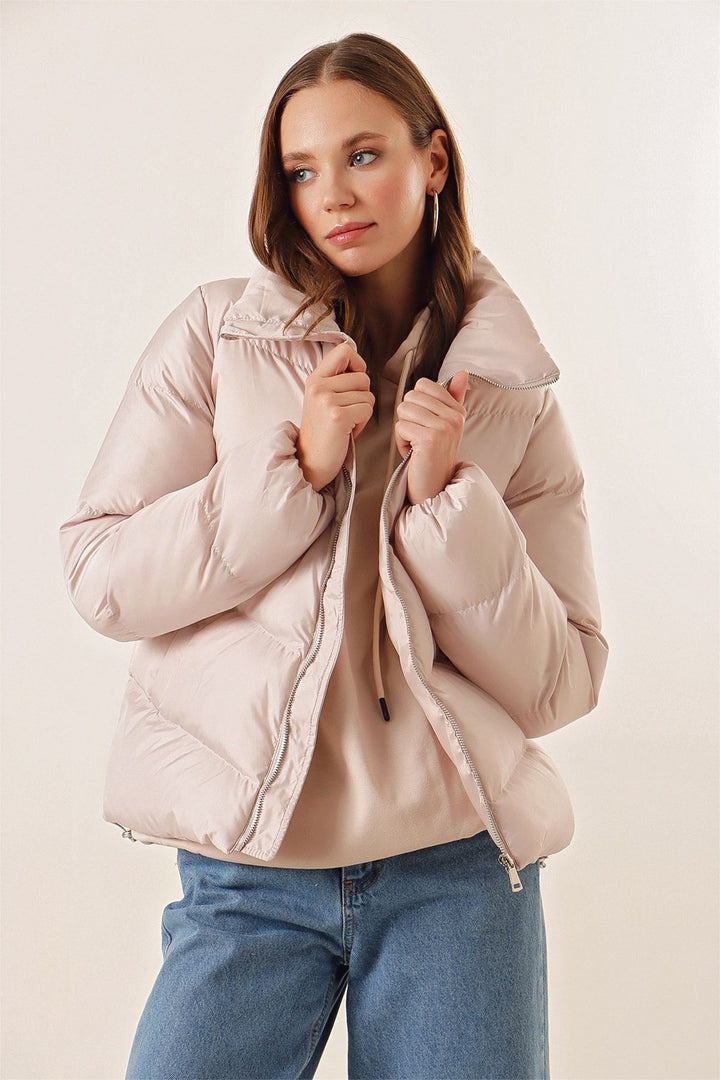 BGD Women High Neck Zippered Puffer Jacket - Beige - Nizhyn