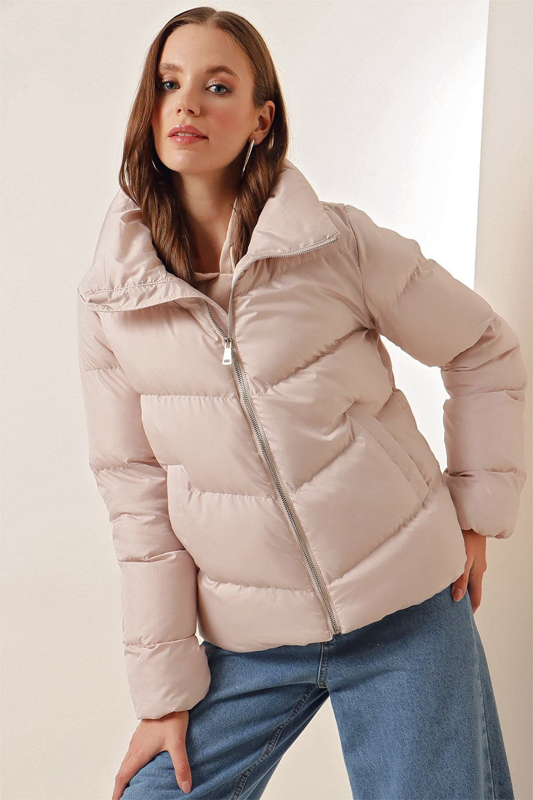 BGD Women High Neck Zippered Puffer Jacket - Beige - Nizhyn