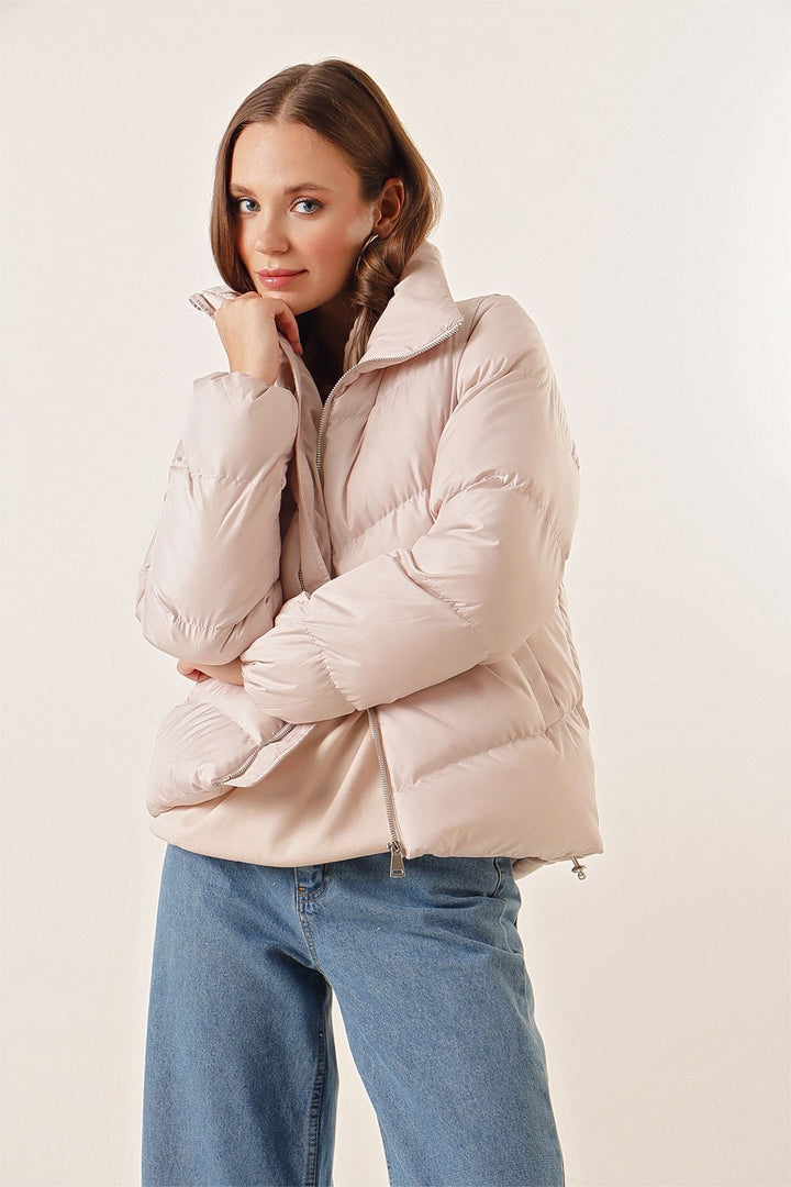 BGD Women High Neck Zippered Puffer Jacket - Beige - Nizhyn