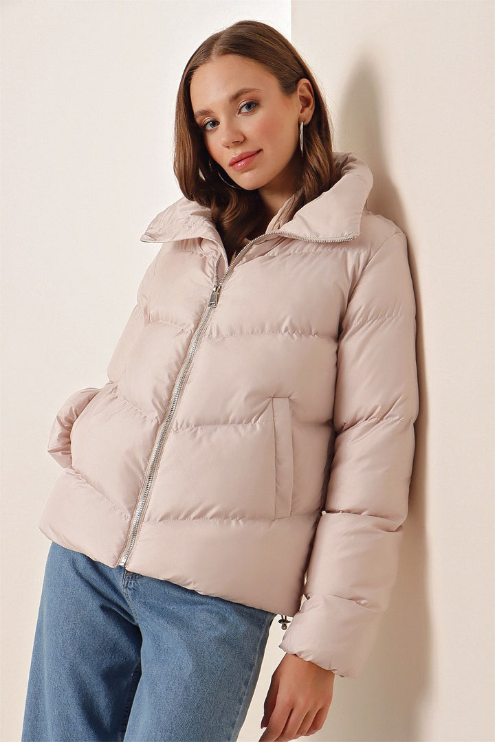BGD Women High Neck Zippered Puffer Jacket - Beige - Nizhyn