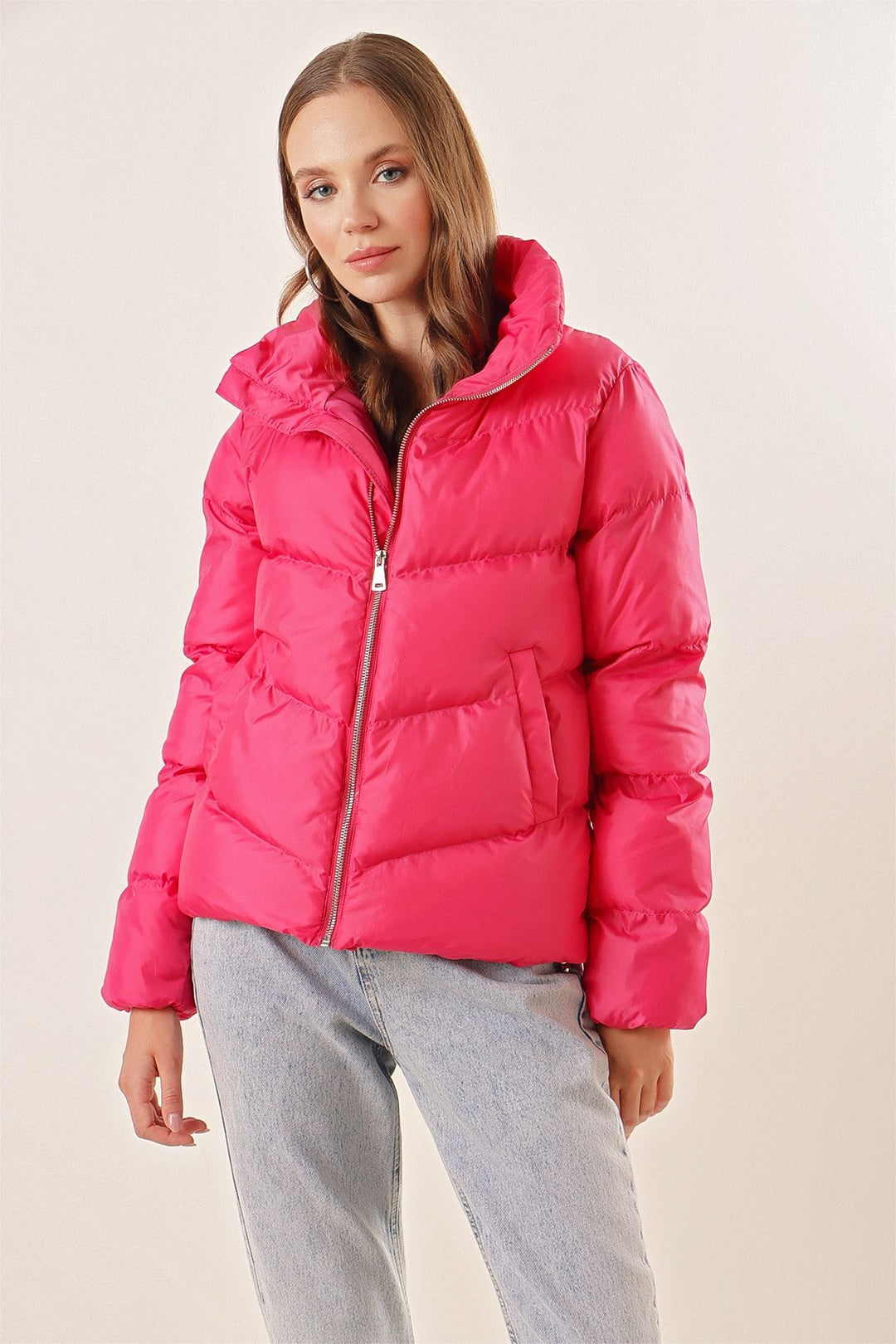 BGD Women High Neck Zippered Puffer Jacket - Fuchsia - Kallithéa