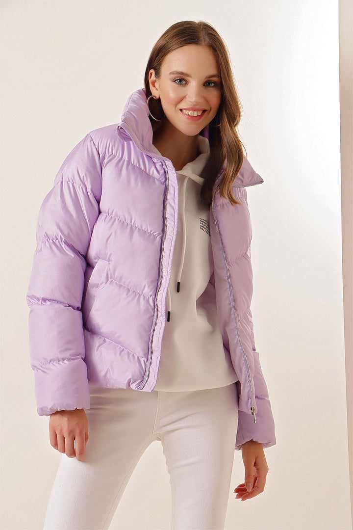 BGD Women High Neck Zippered Puffer Jacket - Lilac - Andria