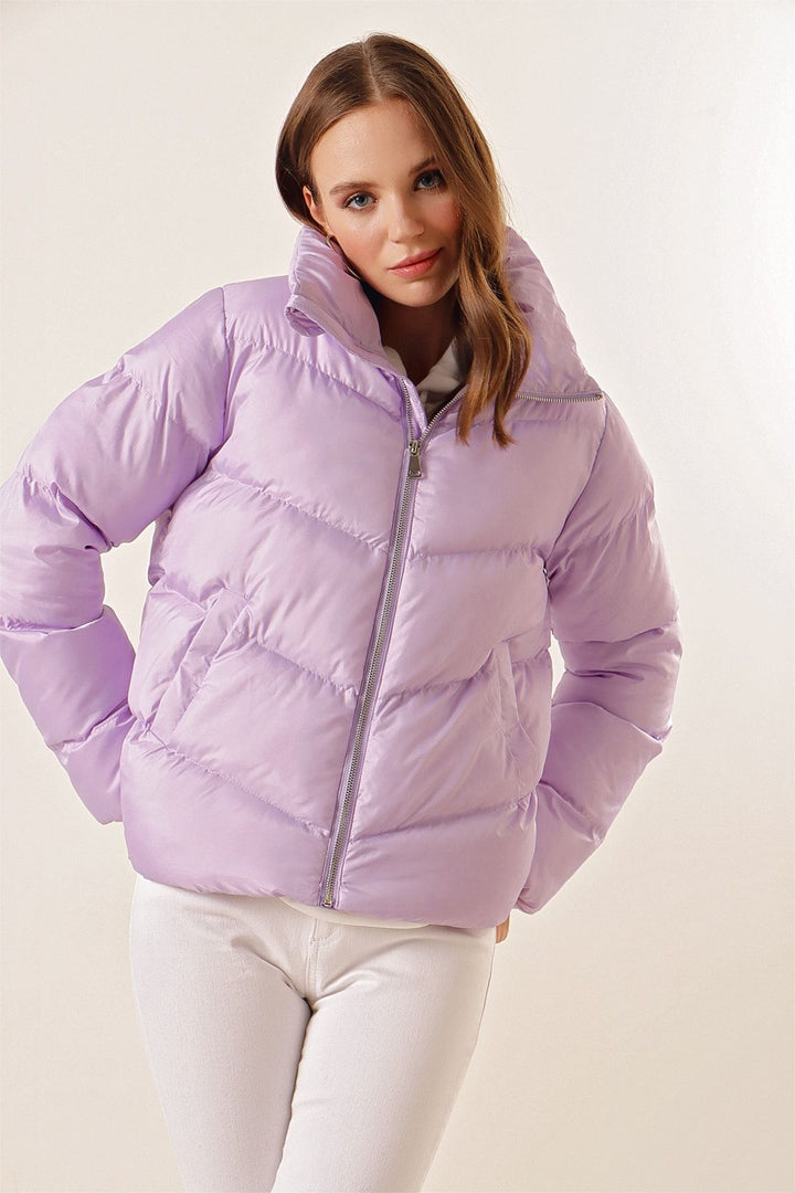 BGD Women High Neck Zippered Puffer Jacket - Lilac - Andria