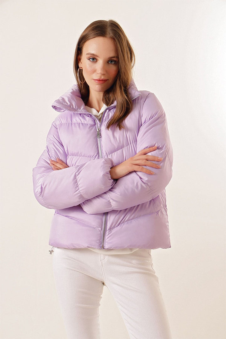 BGD Women High Neck Zippered Puffer Jacket - Lilac - Andria