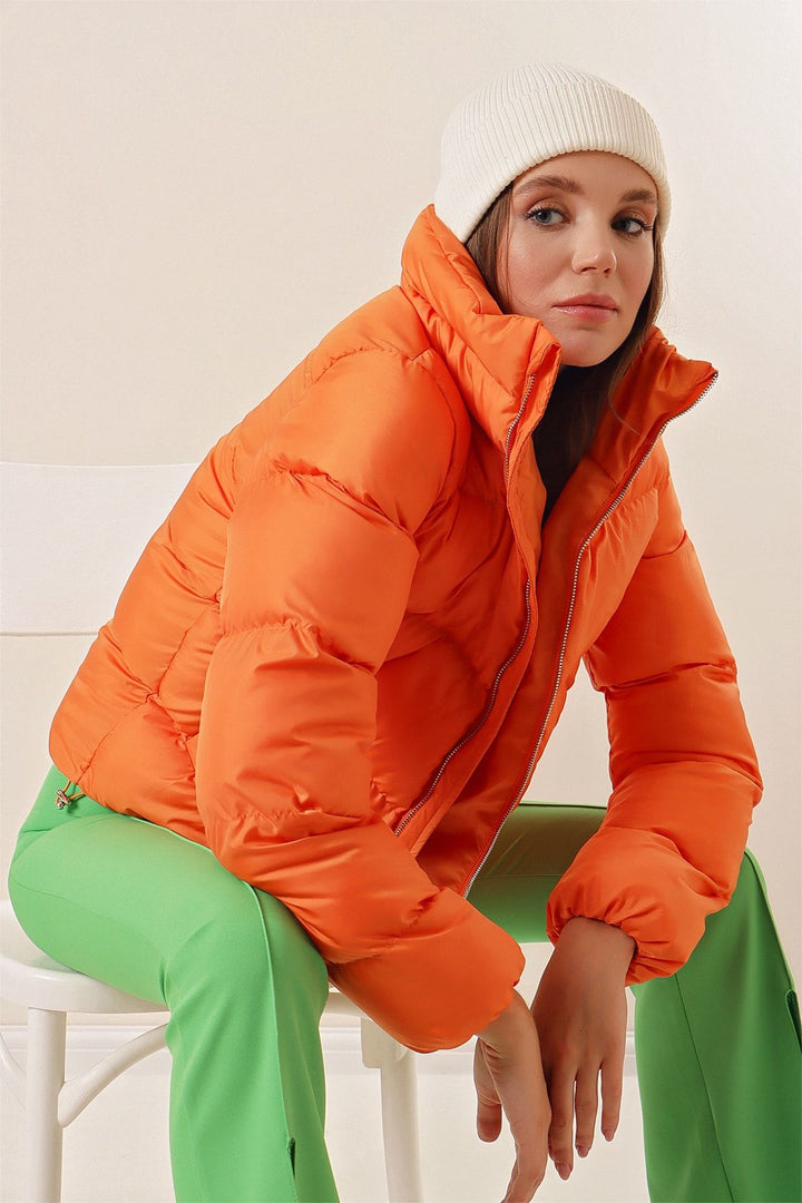 BGD Women High Neck Zippered Puffer Jacket - Orange - Šiauliai