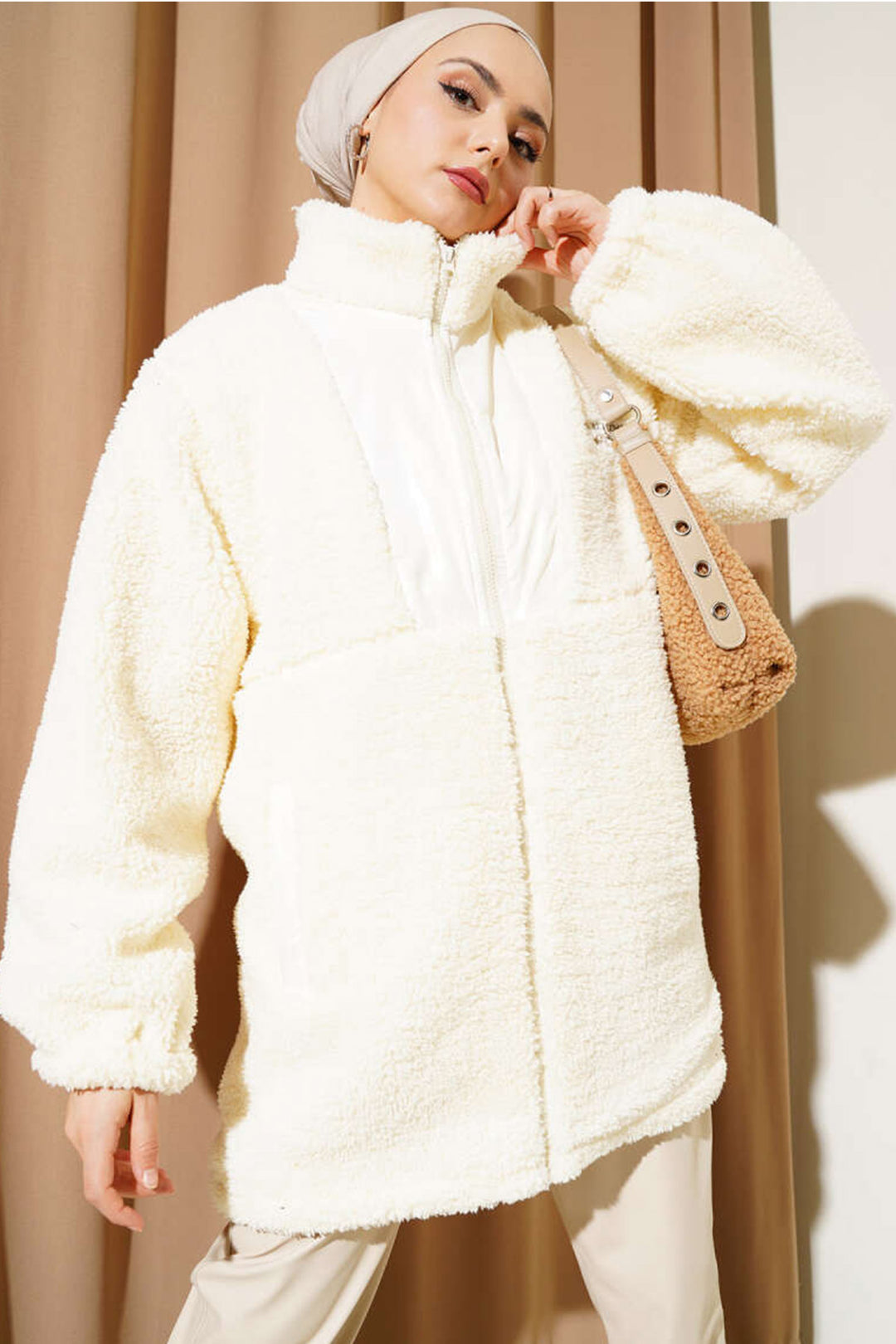 BGD Women Hijab Plush Coat - Ecru - Dnipro