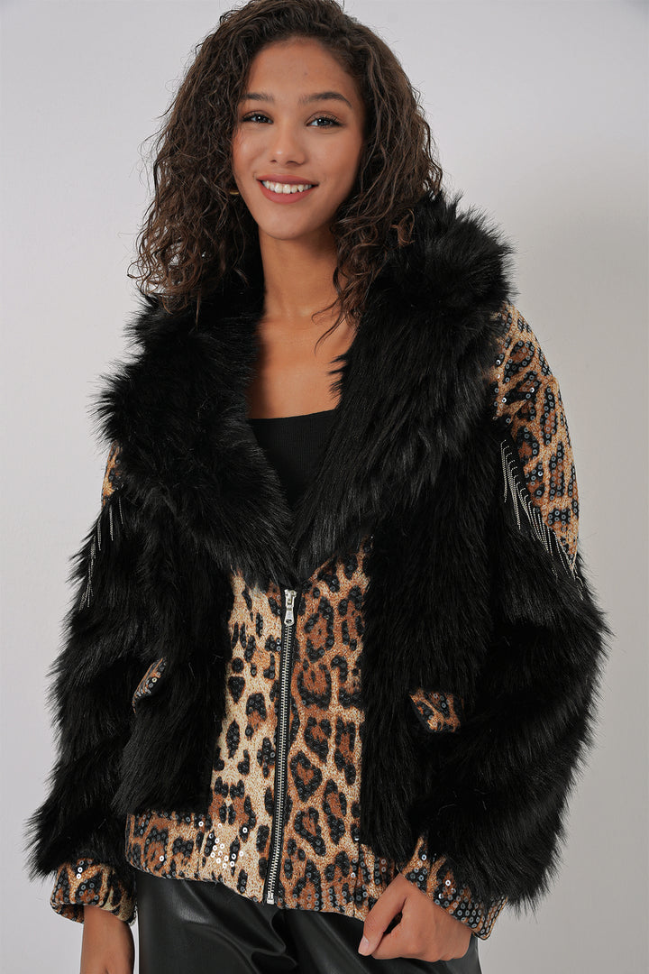 BGD Women Plush Fur Coat - Black - Saint-Raphaël
