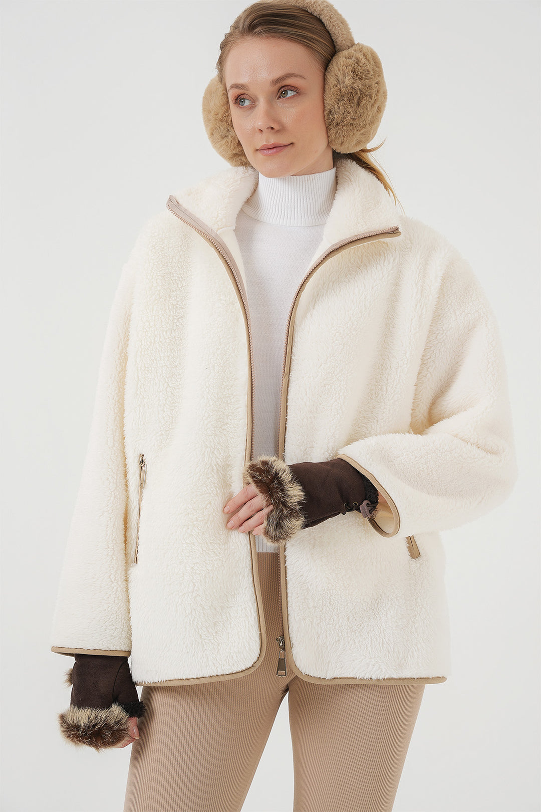 BGD Women Zippered Plush Jacket - Beige - Marina di Carrara