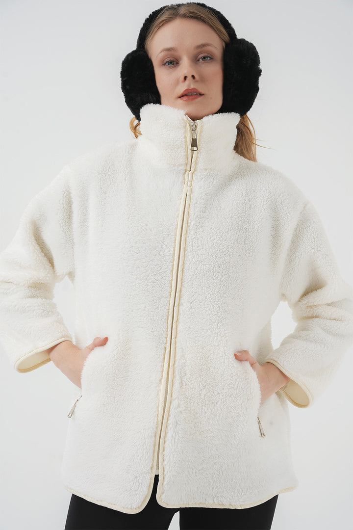BGD Women Zippered Plush Jacket - Ecru - Frontera