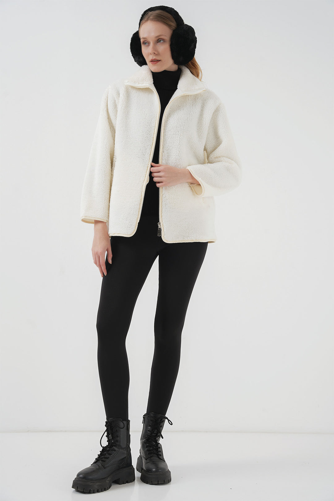 BGD Women Zippered Plush Jacket - Ecru - Frontera