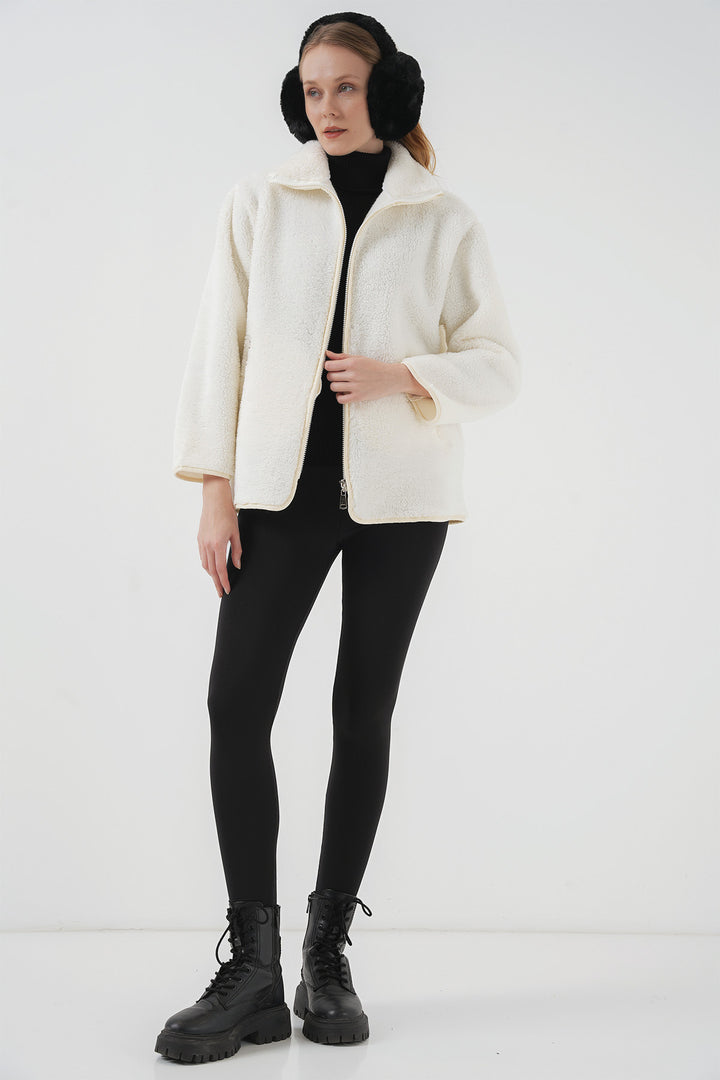 BGD Women Zippered Plush Jacket - Ecru - Frontera