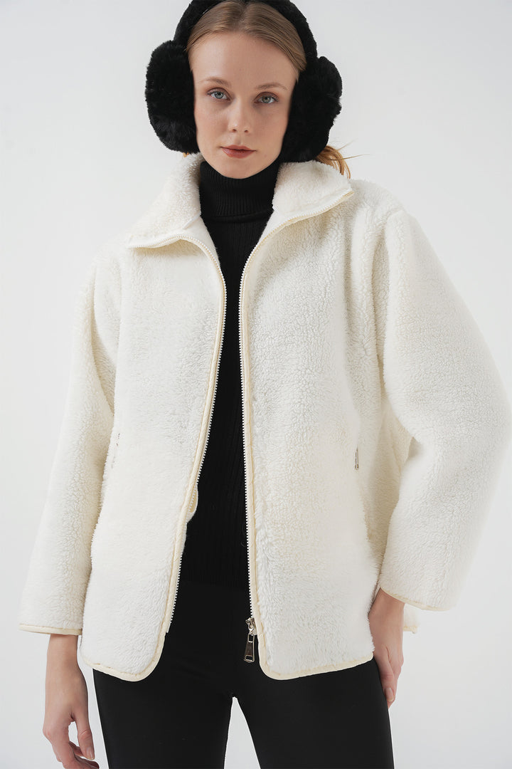 BGD Women Zippered Plush Jacket - Ecru - Frontera