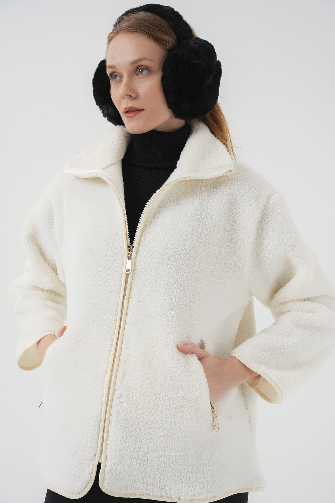 BGD Women Zippered Plush Jacket - Ecru - Frontera