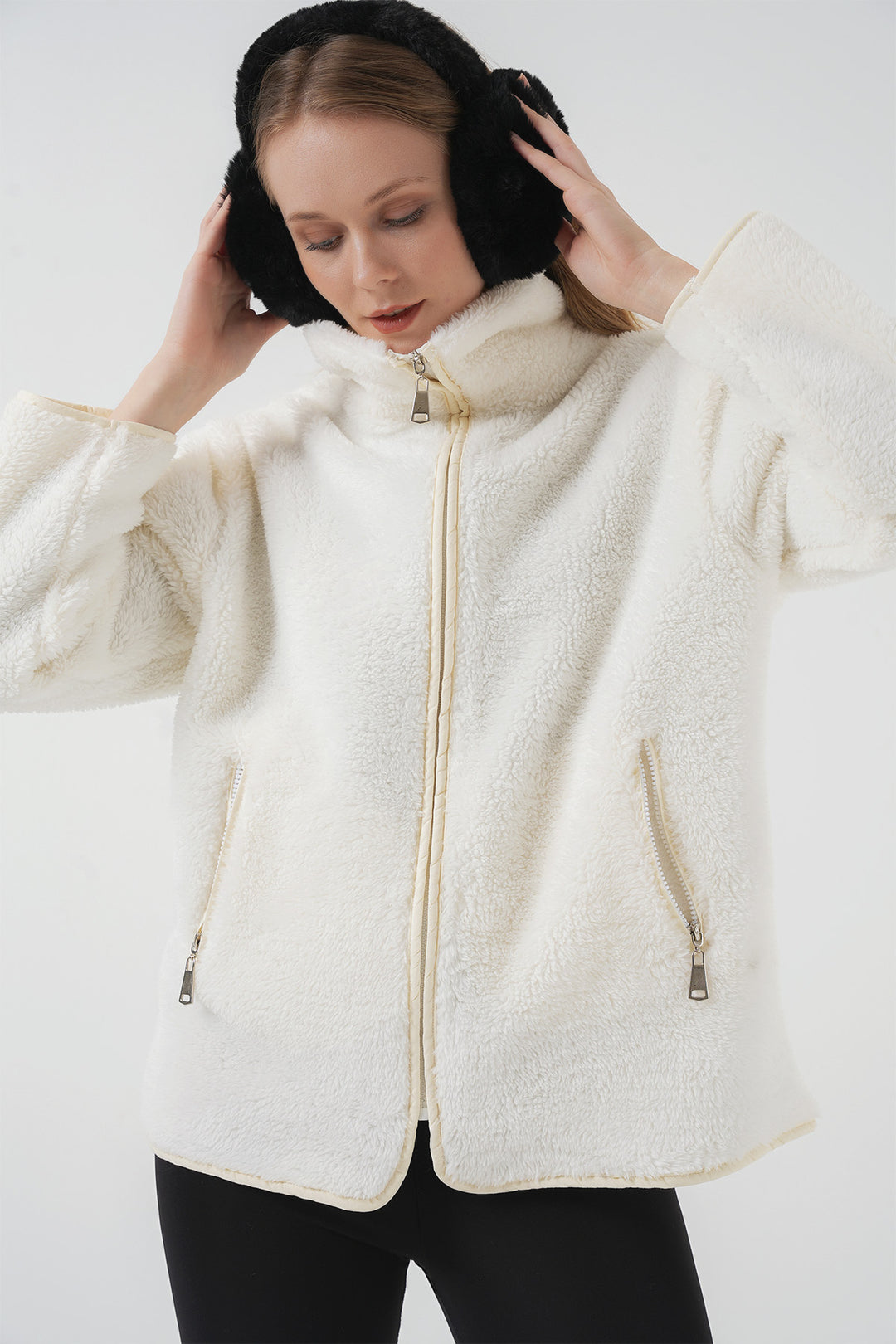 BGD Women Zippered Plush Jacket - Ecru - Frontera