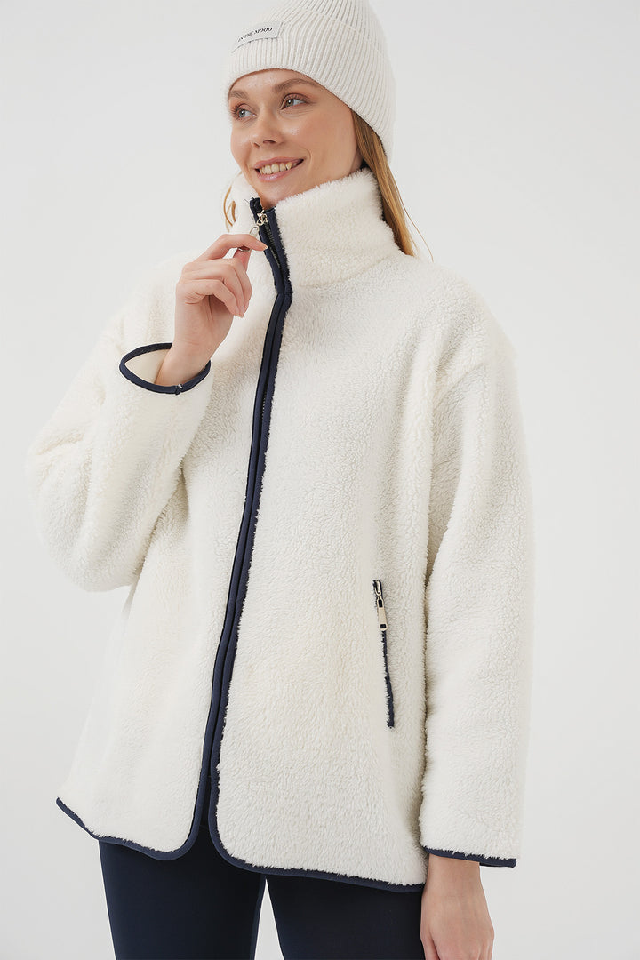 BGD Women Zippered Plush Jacket - Navy Blue - Duisburg